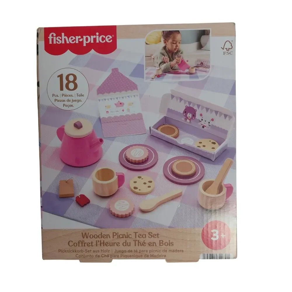 Fisher-Price Wooden Picnic Tea Set Blanket Wood Cups & Saucers 18 Pieces NWT